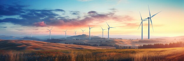 Wind power plant at sunset