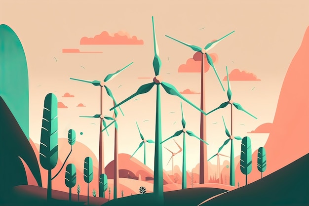 Wind power plant Wind turbines Green energy industrial concept Flat style Wind power station background Renewable energy design AI generative