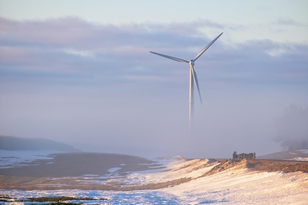 Foto centrali eoliche semi nascoste nella nebbia all'inizio dell'alba in inverno concetto di energia rinnovabile