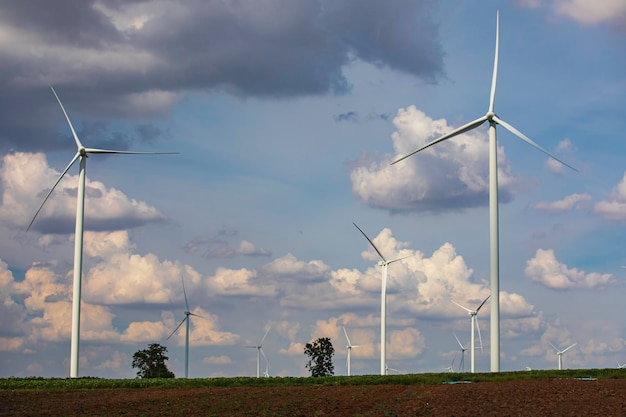 Wind turbine on the brown grass over mountain the blue