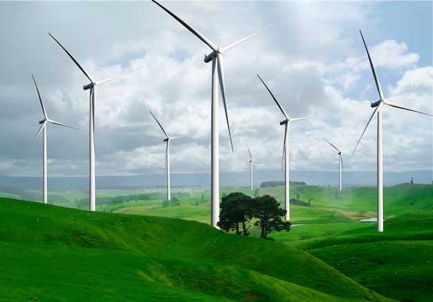 Wind turbine farm in beautiful nature landscape.