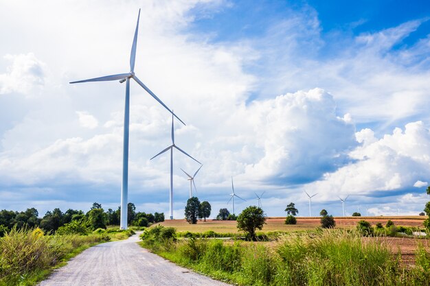 Azienda agricola della turbina di vento in bella natura con blackground del cielo blu, generante elettricità