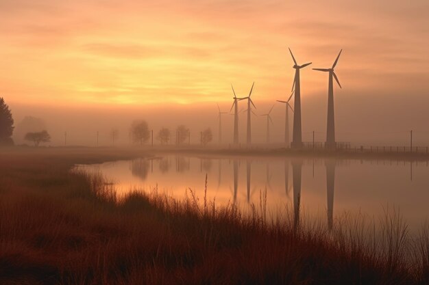 Wind turbine farm during a foggy morning created with generative ai