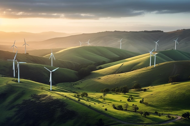 A wind turbine farm generating renewable green energy in a picturesque natural environment contributing to sustainable development and eco friendly industries Generative AI