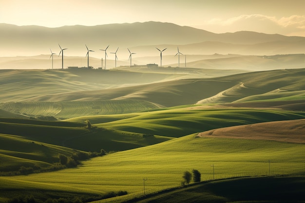 A wind turbine farm generating renewable green energy in a picturesque natural environment contributing to sustainable development and eco friendly industries Generative AI