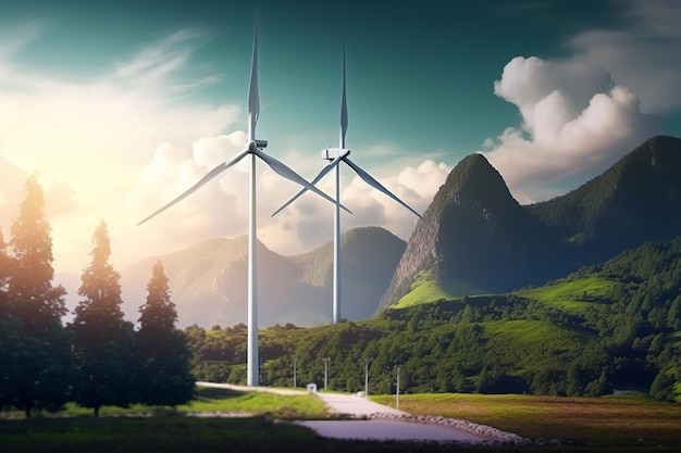 A wind turbine farm generating renewable green energy in a picturesque natural environment contributing to sustainable development and eco friendly industries Generative AI