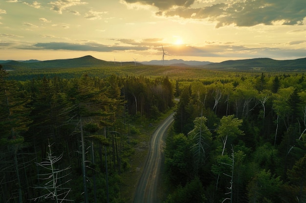 wind turbine farm at sunset in mountains of western Maine