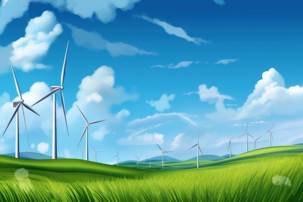 Wind turbine on grass field landscape World environment and earth day concept