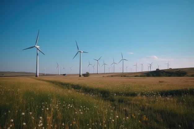 Wind turbine on grass field landscape World environment and earth day concept