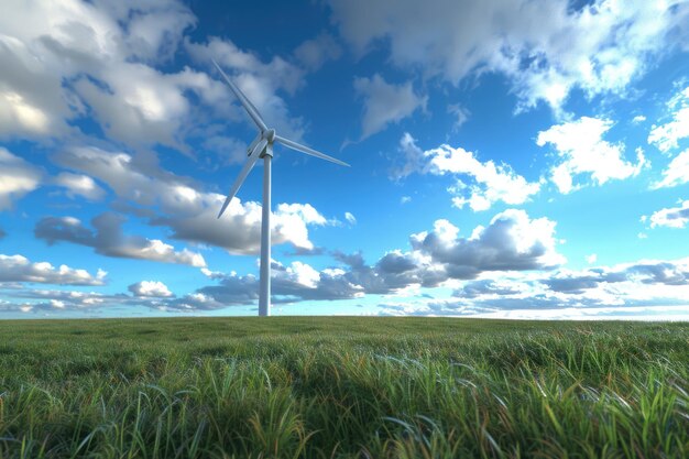 Wind turbine on grassy field against blue sky