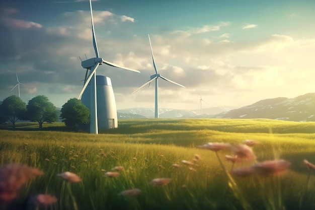Ветряная турбина в зеленом поле генерируется солнечная энергия ai