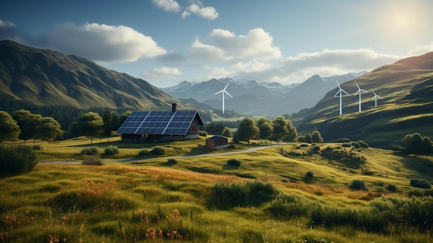 A wind turbine in a green landscape with mountains in the background