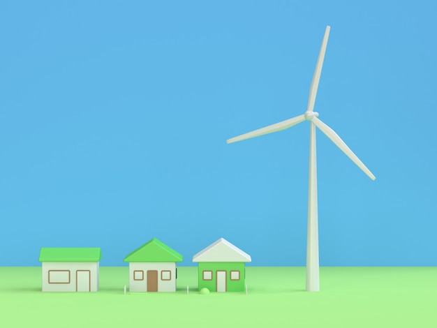 Wind turbine house 3d rendering,renewable energy environment save earth concept