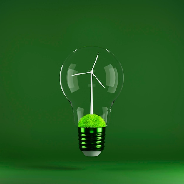 Wind turbine inside light bulb on green background