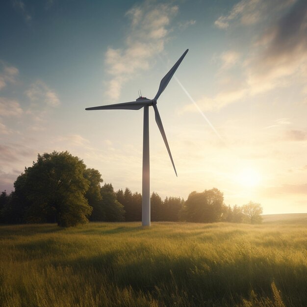 A wind turbine is in a field with the sun setting behind it.