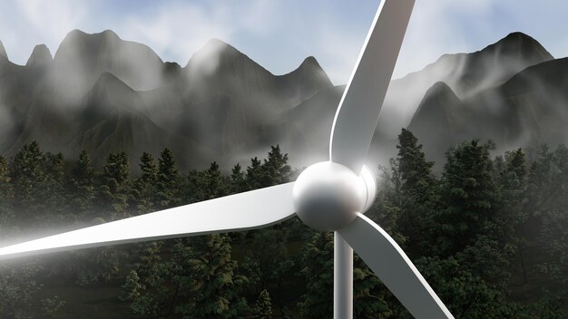 A wind turbine is shown in a forest with mountains in the background