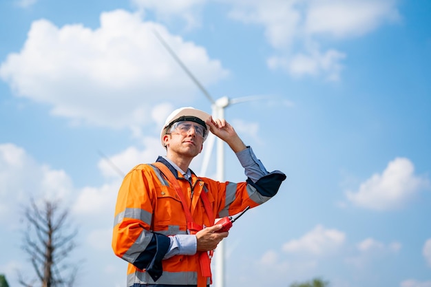 Wind turbine maintenance engineer at wind farm construction site