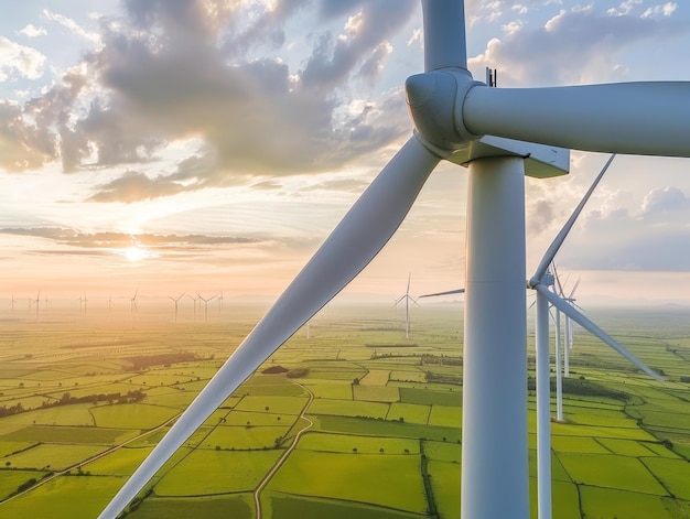 Photo a wind turbine in the middle of green fields with a sunset sky as an aerial view taken by drone