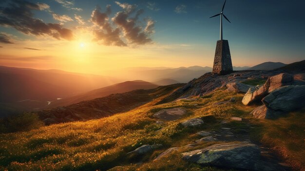 A wind turbine on a mountain with the sun setting behind it.