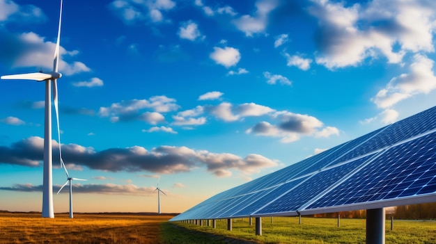 Wind turbine and solar panel in cloud sky