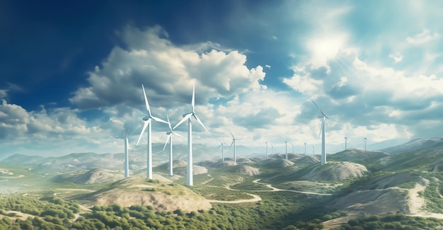 Wind turbines against the backdrop of a beautiful landscape Alternative energy source