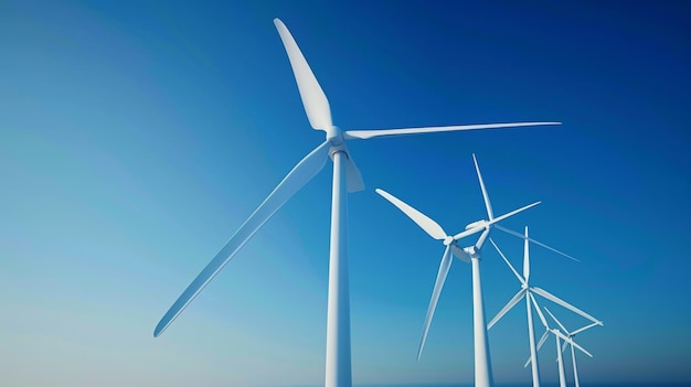 清い青い空の背景にある風力タービンは再生可能エネルギーと気候変動対策の持続可能なソリューションを象徴しています