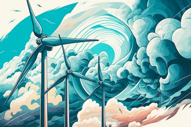 Wind turbines against a cloudy sky futuristic vector style illustration of renewable energy