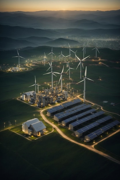 写真 風力タービンと太陽光パネルが緑のエネルギー発電所で電力を生成する