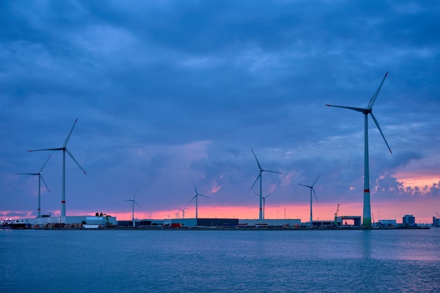 Wind turbines in antwerp port in the evening