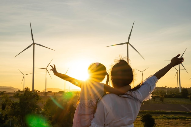 wind turbines are alternative electricity sources the concept of sustainable resources people in the community with wind generators turbines renewable energy