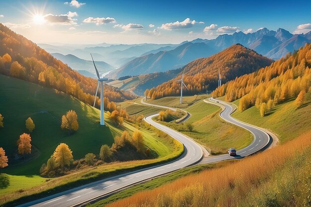 Photo wind turbines on beautiful sunny summer autumn mountain landsape