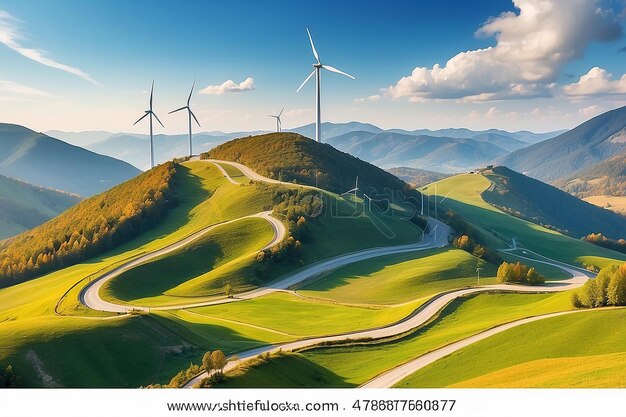 Photo wind turbines on beautiful sunny summer autumn mountain landsape