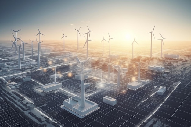 Photo wind turbines on a city landscape with the sun setting behind them.