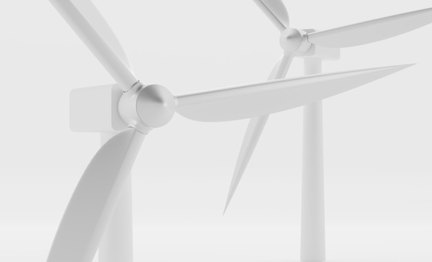 Foto vista ad angolo del primo piano delle turbine eoliche mulini a vento con pale lunghe isolate su sfondo bianco produzione di elettricità generazione di energia rinnovabile concetto di energia verde illustrazione realistica 3d rendering