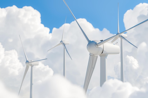 Wind Turbines Above Clouds Against Blue Sky