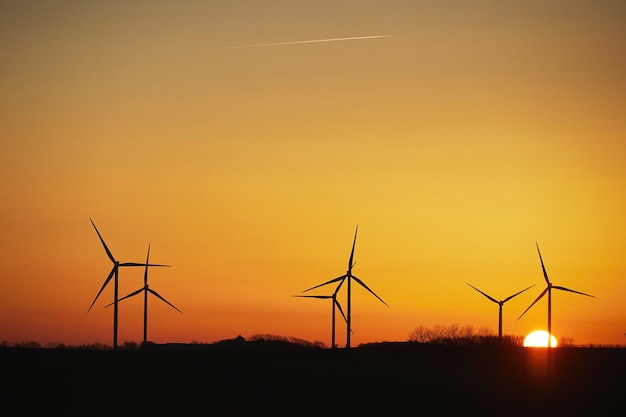 Wind turbines in the danish countryside at sunset