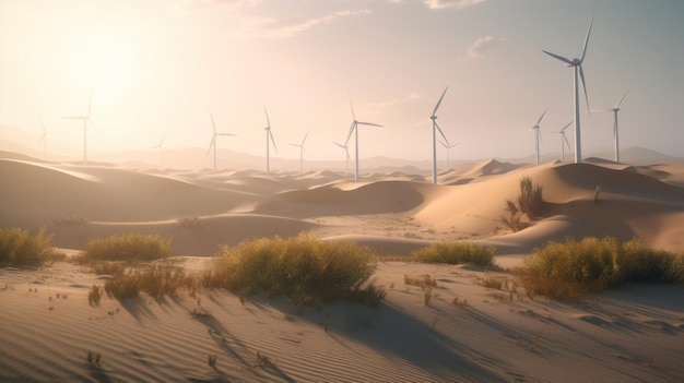 Wind turbines in the desert renewable energy concept Generative AI