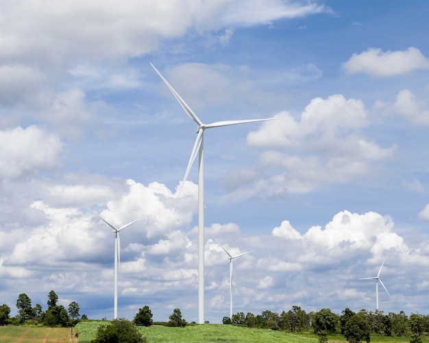 Wind turbines for electric power generation on farmland.