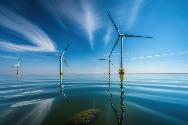 Wind turbines farm on a calm water of a lake Ai generated