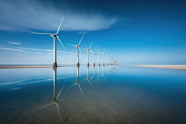 Wind turbines farm on a calm water of a lake Ai generated