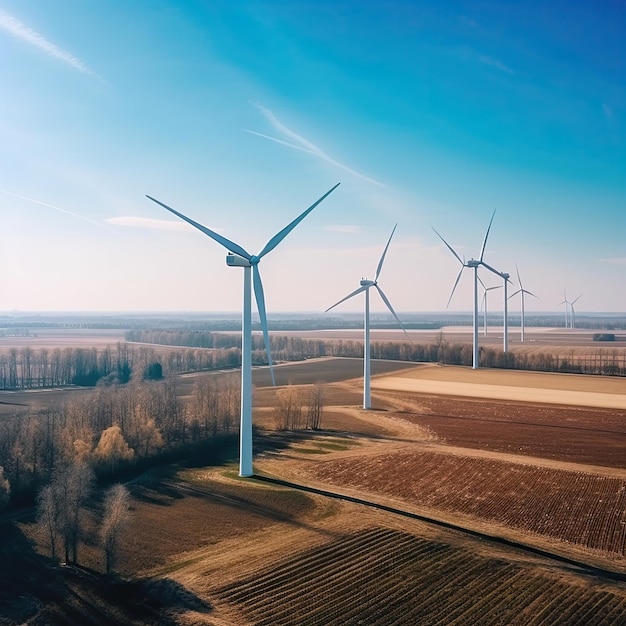 들판에 있는 풍력 터빈 재생 가능한 녹색 에너지 청정 에너지 생산 개념을 위한 햇볕이 잘 드는 조경 전기 에너지 발전기