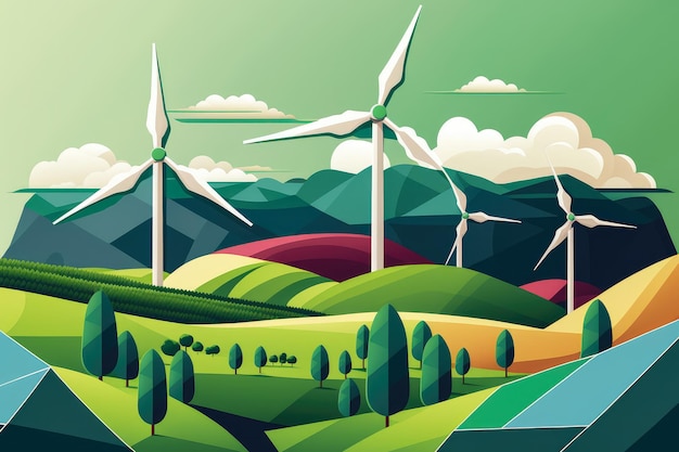 Wind Turbines Farm with Rolling Hills and clean look