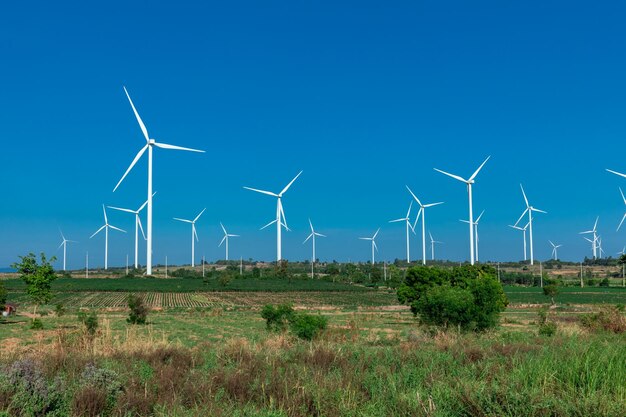 Wind turbines on field against clear blue sky