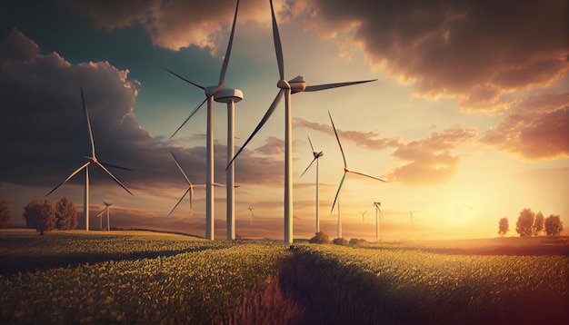 Wind turbines in a field Alternative energy source Generative Ai