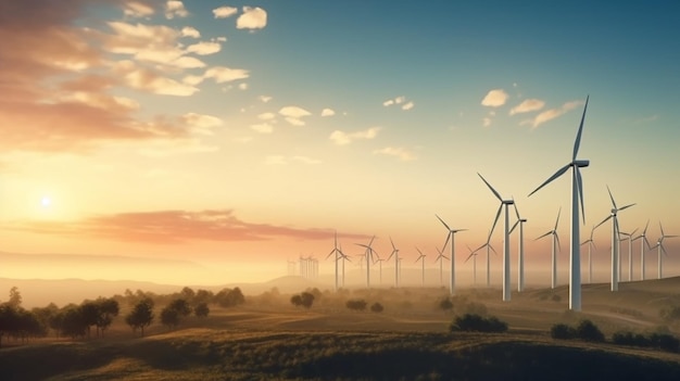 Wind turbines in a field at sunset with the sun setting