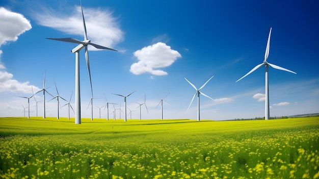 Wind turbines in a field with a blue sky and clouds