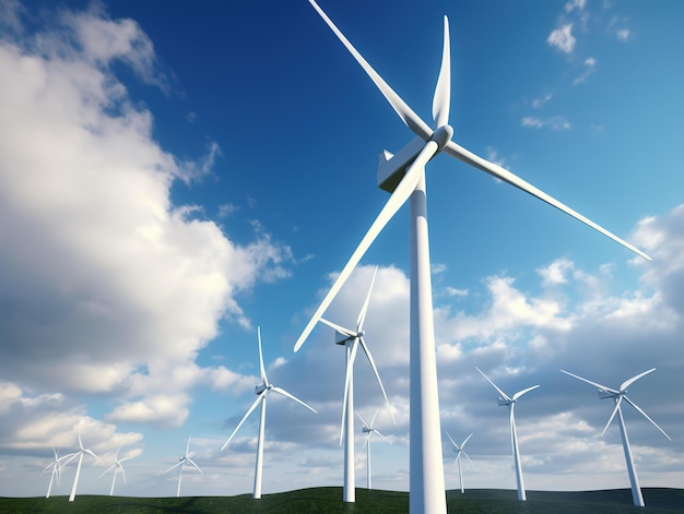 Wind turbines in a field with clouds in the sky