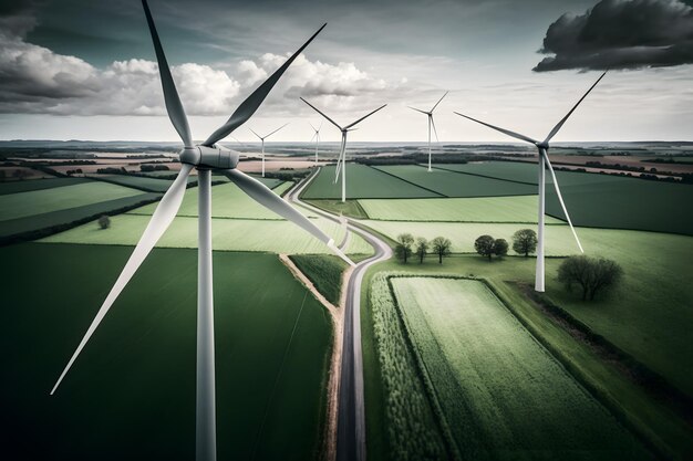 Wind turbines in a field with a cloudy sky