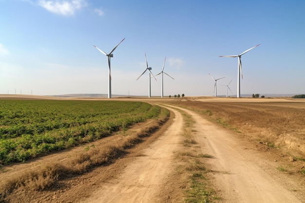 Wind turbines and fields with dirt road in the middle generative ai