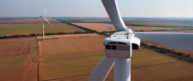 Wind turbines on flat terrain Panorama Green energy